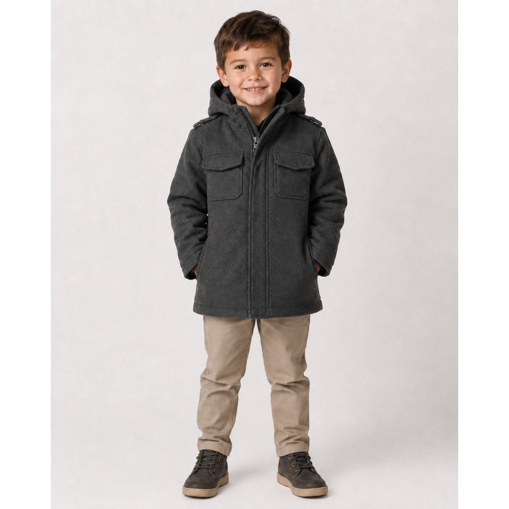 Extreme Outfitters Boys 5/6 Gray Hooded Military Field Jacket Coat ZipWool Blnd
